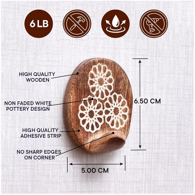 IndianShelf 6 Lb- 24 Pieces Decorative Wood Adhesive Wall Hooks–Boho Peel and