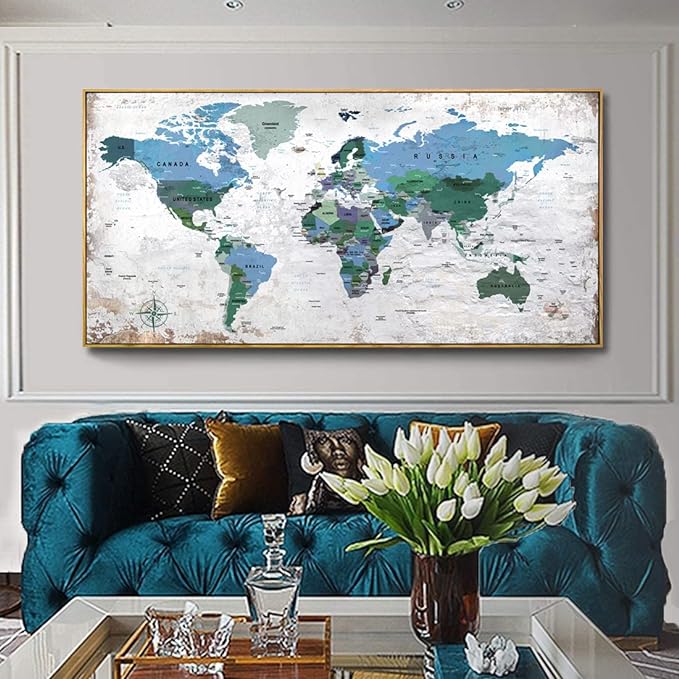 Framed Wall Art World Map Wall Art Canvas Picture 30inchx60inch Large Blue Map