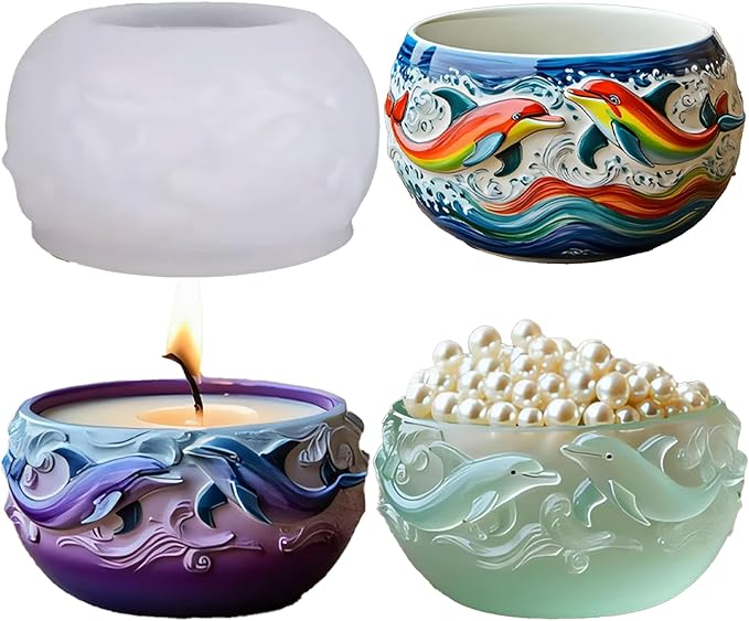 1Pc Dolphin Jar Silicone Mold, 3D Ocean Wave Bowl Resin Mold for Epoxy Casting Succulent Planters, Concrete, Clay, Candle Holders, Storage Box, Trinket Dishes DIY Home Decor Handmade Gifts