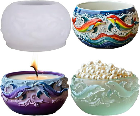 1Pc Dolphin Jar Silicone Mold, 3D Ocean Wave Bowl Resin Mold for Epoxy Casting Succulent Planters, Concrete, Clay, Candle Holders, Storage Box, Trinket Dishes DIY Home Decor Handmade Gifts
