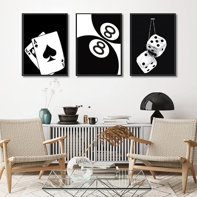 3Pcs Black and White Poker Dice Canvas Wall Art Lucky You Poster Prints Trendy