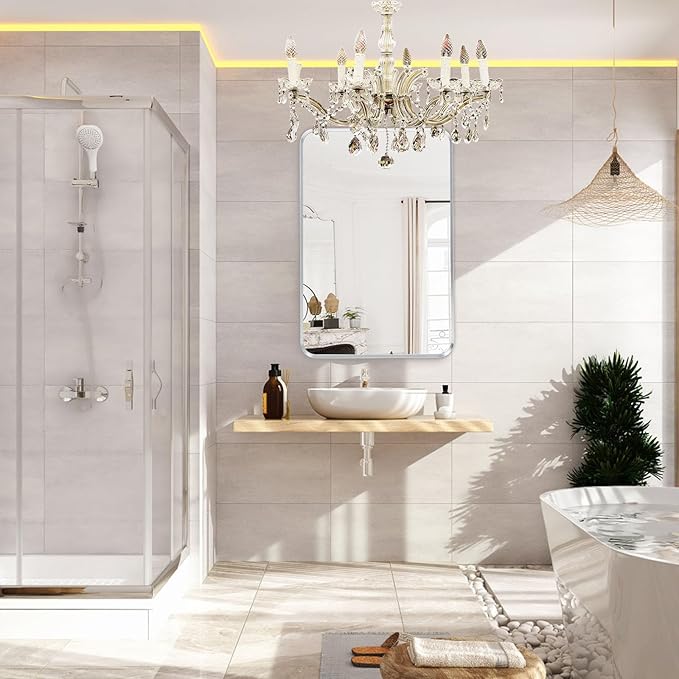 Silver Framed Bathroom Mirror, Brushed Nickel Rounded Corner Rectangle Wall