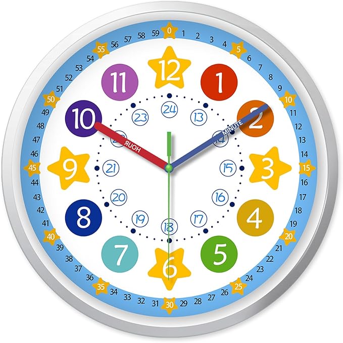 XFM Blue Kids Wall Clock 8 Inch Silent Non Ticking Quartz Battery Operated