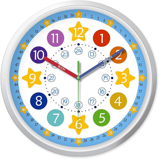 XFM Blue Kids Wall Clock 8 Inch Silent Non Ticking Quartz Battery Operated