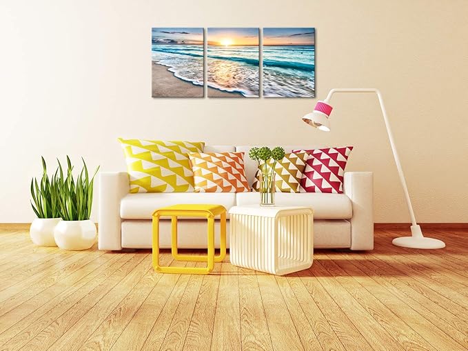 Wieco Art 3 Panel Blue Beach Canvas Wall Art