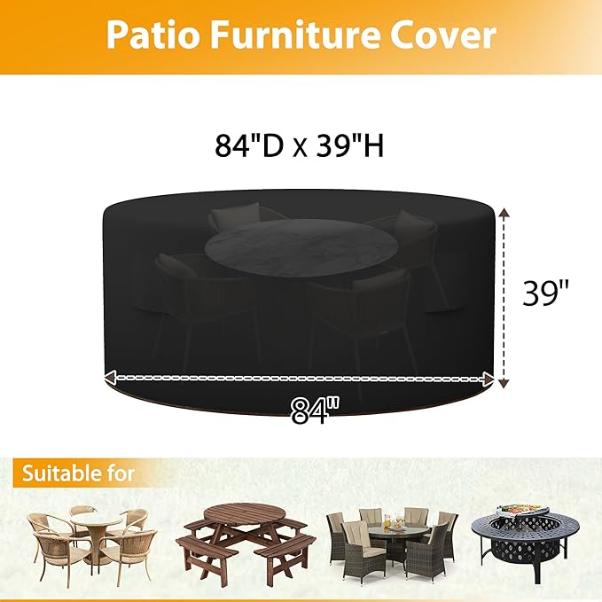 HDCAXKJ Round Patio Table Cover Waterproof Outdoor Dining Table and Chair Set Cover Heavy Duty Round Protector with Zipper Anti-Fading Cover for Outdoor Furniture (Black, 84"DIA x 39"H)
