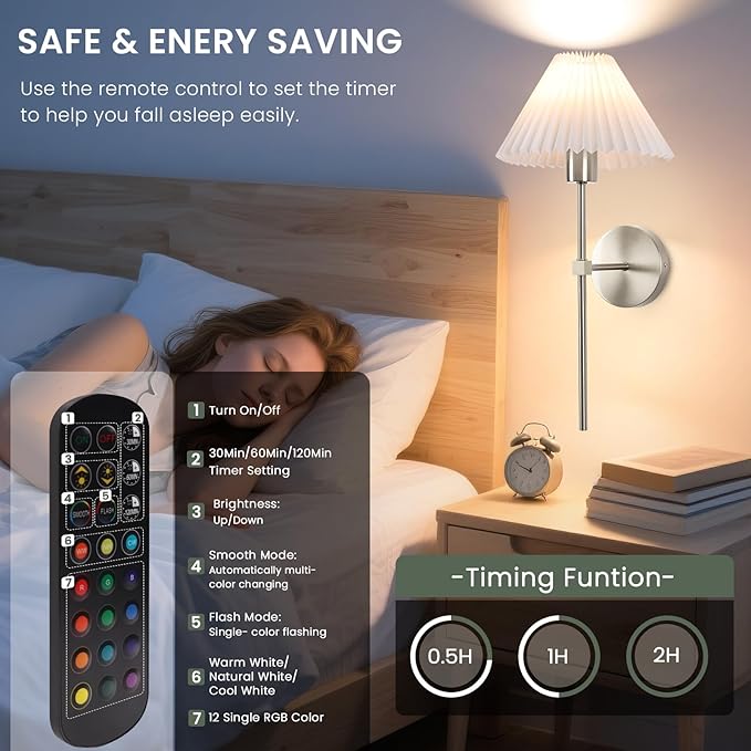 Wireless Wall Sconce Sets of 2, Pleated Shades Rechargeable Battery Operated