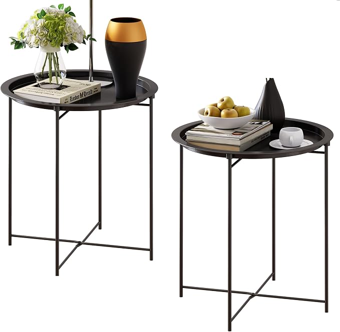 End Table Set of 2,Outdoor Side Table, Small Patio Round Folding Metal Black Side Tables for Outdoor,Living Room,Balcony and Office,Î¦18.5" x 19.9"Hï¼2 PCS