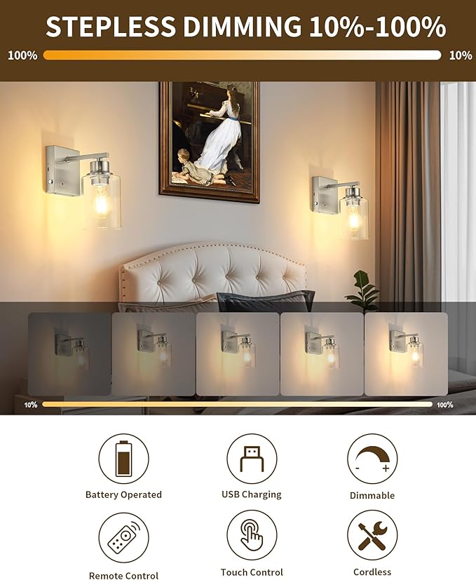 Rayogale Wireless Wall Sconces, Nickel Battery Operated Wall Sconce Set of 2