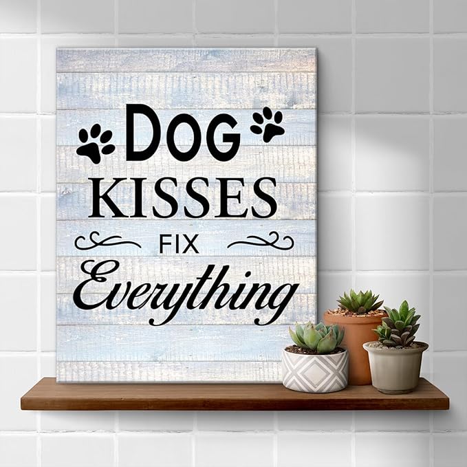Funny Farmhouse Dog Canvas Wall Art Decor Dog Kisses Fix Everything Rustic Sign