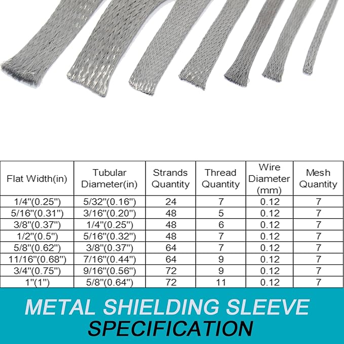 Tinned Copper Braided Cable Shielding Sleeve Metal Wire Loom Sheathing EMI RFI ESD Protector Grounding Mesh Flat Tubular Expandable 3/8" W(0.24" ID)-16FT