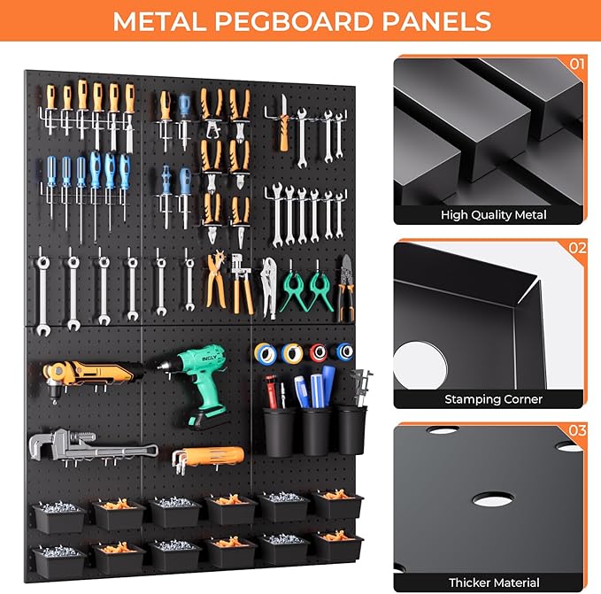 INCLY 226PCS Metal Pegboard Wall Organizer, 48x36 Inch Black Peg Board Panels
