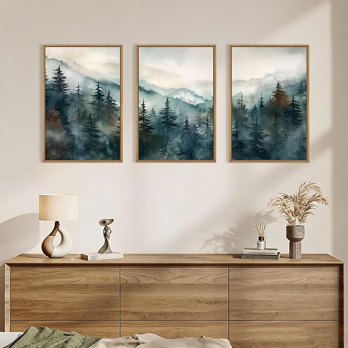 KAIRNE Watercolor Misty Forest Framed Canvas Wall Art Set, Nature Landscape Wall Decor, Foggy Mountain Pine Trees Wall Painting, Jungle Scenery Artwork for Living Room, Bedroom, Office-24 x36 x3