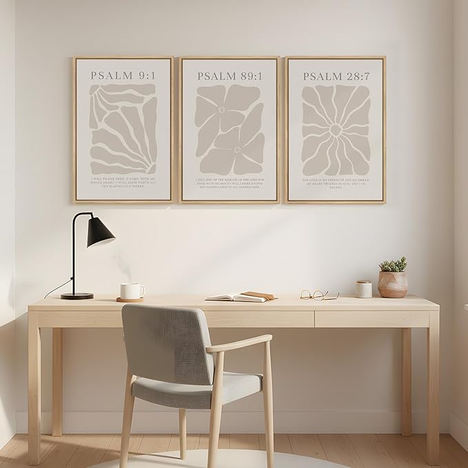 Framed Christian Wall Art Set of 3, Neutral Psalm Scripture Canvas Prints