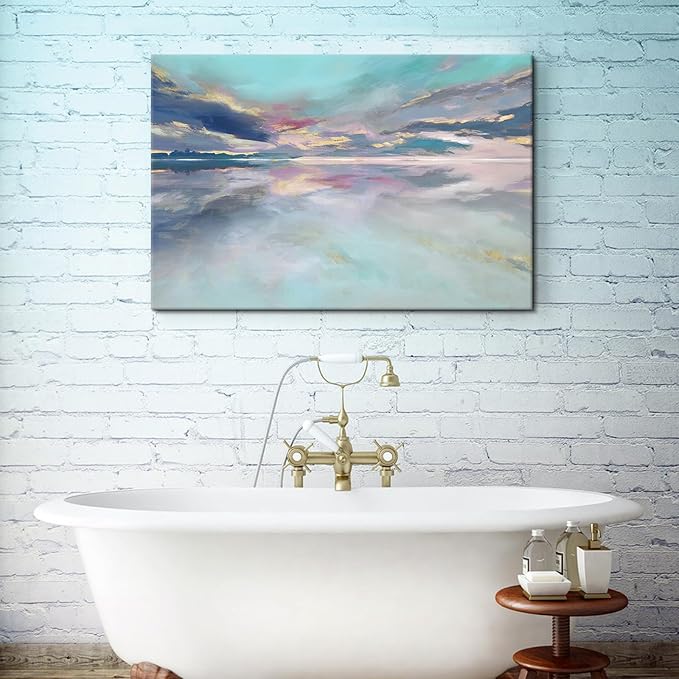Goldfoilart Beach Abstract Wall Art Teal Green and Gold Decor Ocean Canvas