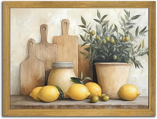 Wood Framed Vintage Kitchen Wall Art, Rustic Farmhouse Artwork Canvas Posters