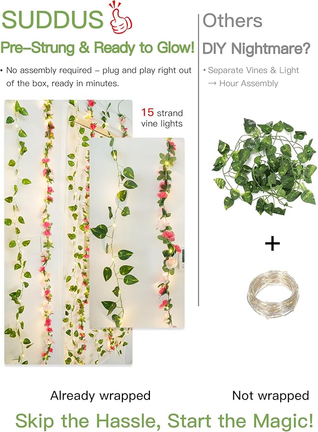 suddus 300 LED Artificial Flower Garland Pothos Vines Curtain Lights, Rose