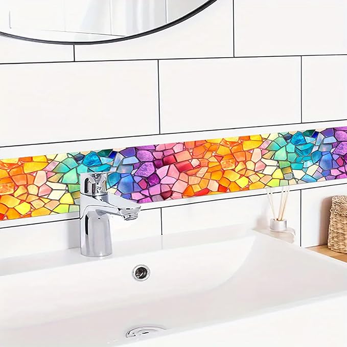 HOMETITUTE Wallpaper Border Peel and Stick Wall Border Rainbow Mosaic Glass