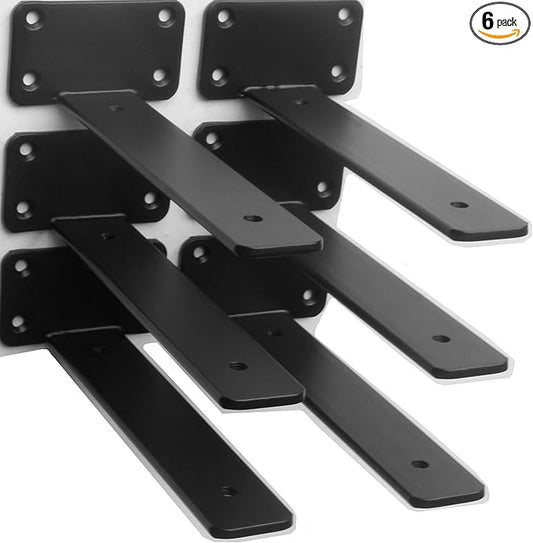 6 Pack - 8 inch Black Hidden L Shelf Bracket Iron Floating Shelf Brackets