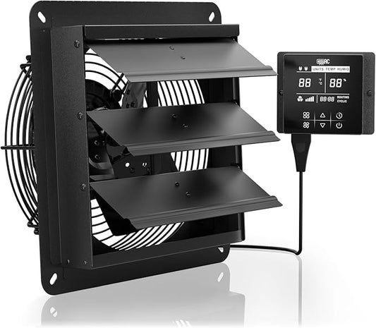 10 Inch Shutter Exhaust Fan, High-Speed Vent Fan with Temperature Humidity Controller, Suitable for Attics, Greenhouses, Garages