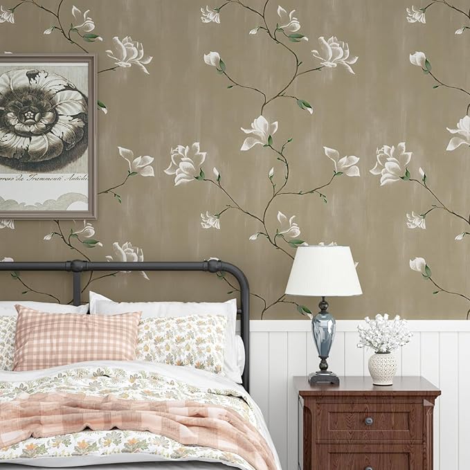 Laatse Floral Wallpaper Peel and Stick 17.5" x 118" Khaki Floral Contact Paper