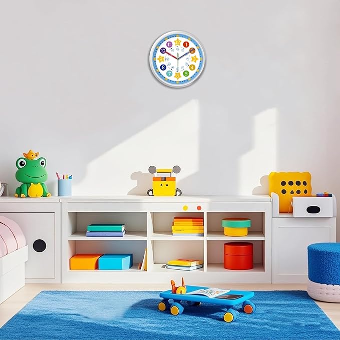 XFM Blue Kids Wall Clock 14 Inch Silent Non Ticking Quartz Battery Operated
