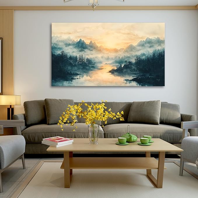 JLXART Landscape Canvas Wall Art Beautiful Lake Mountain Nature Scenic Picture Print Sunrise for Living Room Forest National Park Scenery Artwork Painting Decor,Inner Frame 30x58inch