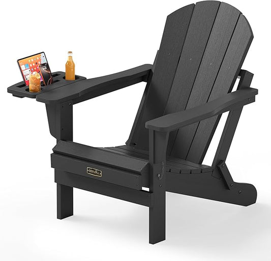 SERWALL Folding Adirondack Chair, Patio Adirondack Chairs with 4 in 1 Cup Holder Trays, All Weather Fire Pit Chair for Outdoor, Garden - Black