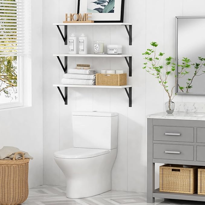 White Floating Shelves 24 inches Long Set of 3, 24 x 8 Inch Bathroom Wall