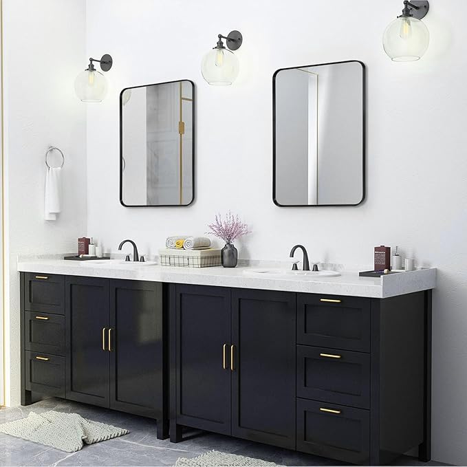 Wall Mount Mirror for Bathroom, Brushed Black Metal Framed Rounded Corner