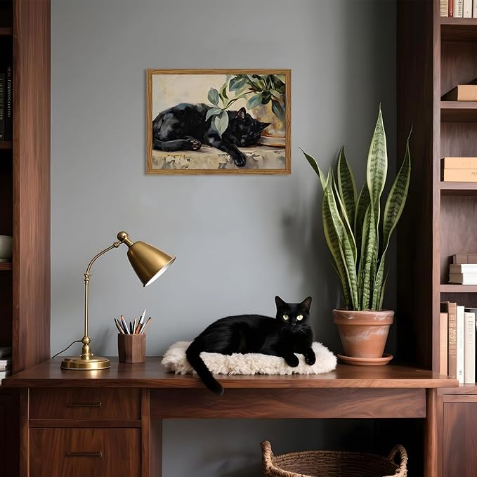 Framed Black Cat Canvas Wall Art, Vintage Sleeping Cat