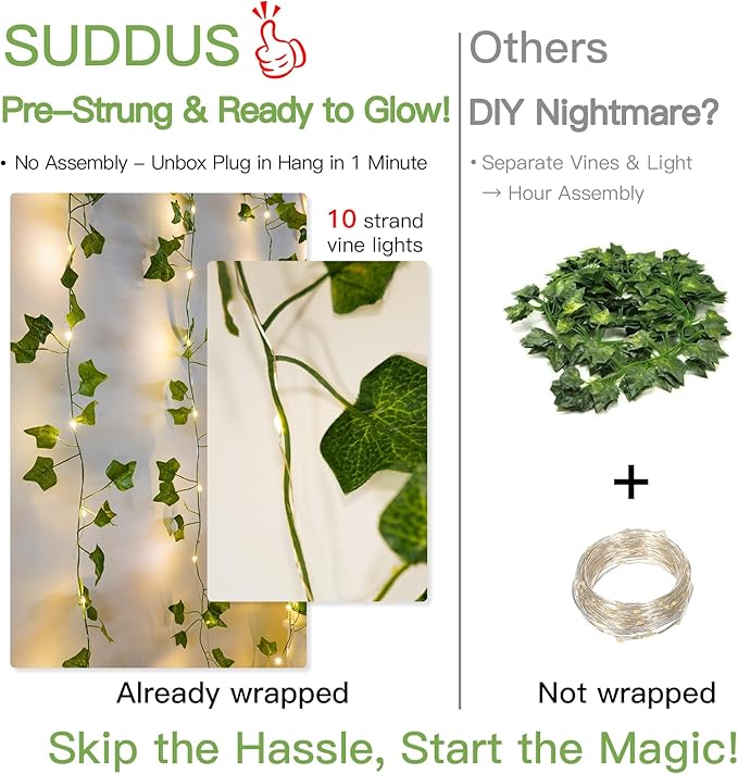 suddus Vines with Lights for Bedroom, 150 LED Fairy Lights with Vines, Ivy