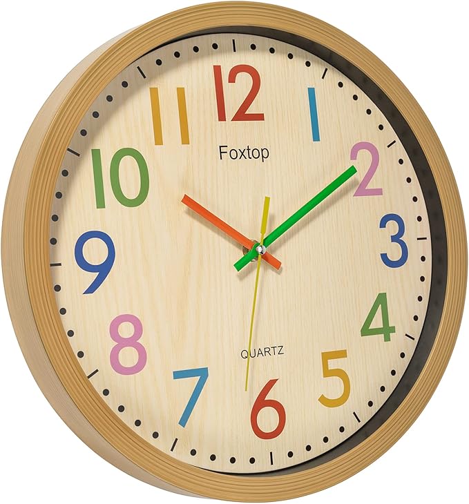 Foxtop Silent Kids Wall Clock 12 Inch Non-Ticking Battery Operated Colorful