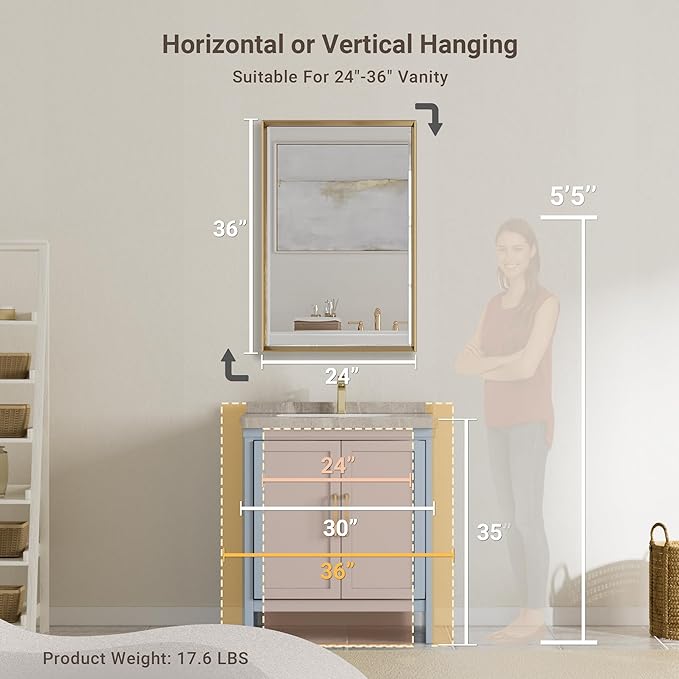 Gold Bathroom Mirror, 24x36 Brushed Gold Bathroom Mirror Beveled Edge,