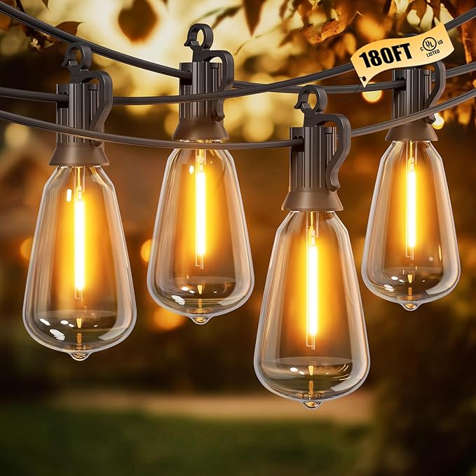 Brightown Outdoor String Lights, 180FT 60+2 LED ST38 LED Patio Lights Shatterproof, Dimmable IP65 Waterproof Connectable Hanging Outdoor Light for Backyard, Porch, Deck, Balcony