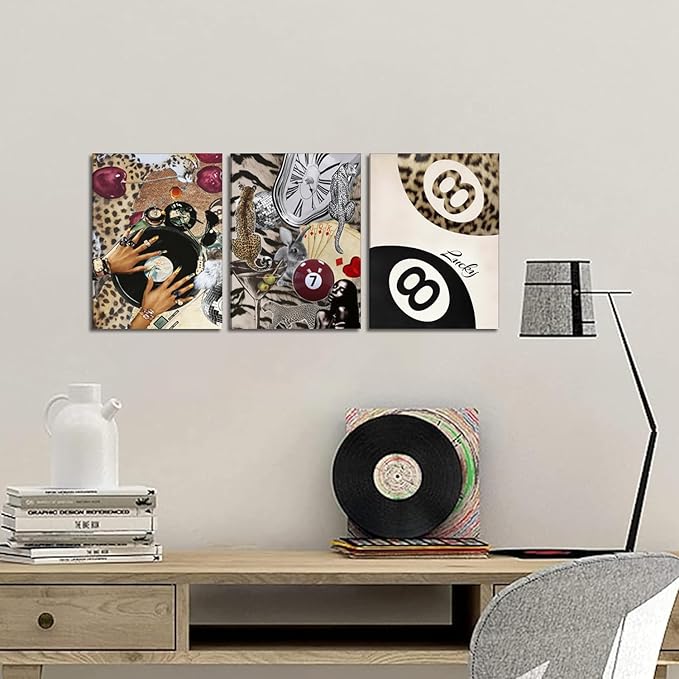 Fashion Cheetah Wall Art Set of 3 Leopard Wall Decor Pictures Lucky 8 Ball