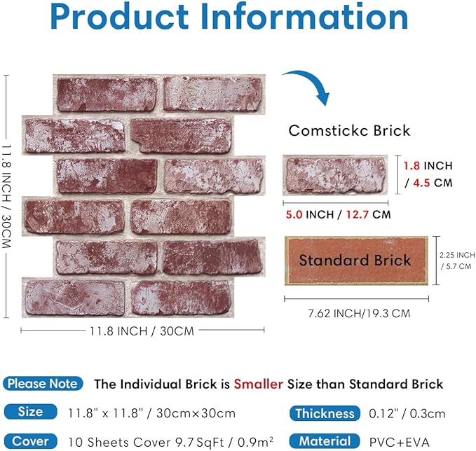 COMSTICKC 3D Faux Brick Wall Panels Peel and Stick Wall Covering, Not Real Brick