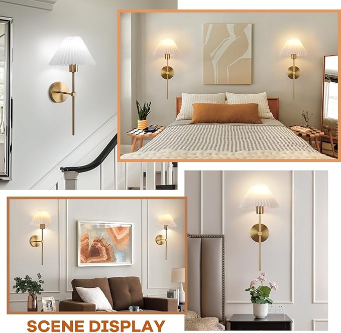 Gold Wireless Wall Sconce Sets of 2, Pleated Shades Rechargeable Battery