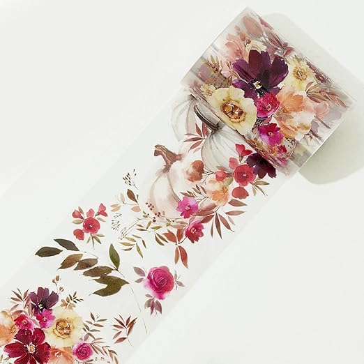WT Autumn Rose Wide PET Tape, Single Roll, Original Designs, Floral Decorative Tape, Transparent Craft Tape for Bujo Planner & DIY Supplies, Watercolor Flowers