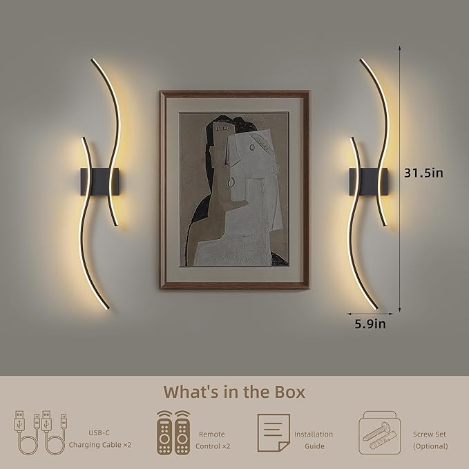 Battery Operated Wall Sconces Set of 2, Dimmable Modern LED Rechargeable Wall