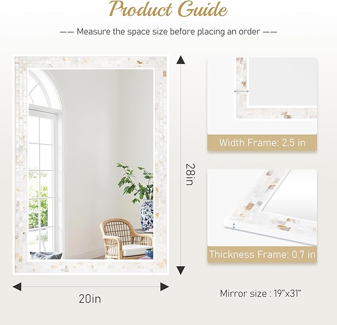 Mosaic Mirrors for Wall 20x28 Inch, Natural Mother of Pearl Inlay White Framed