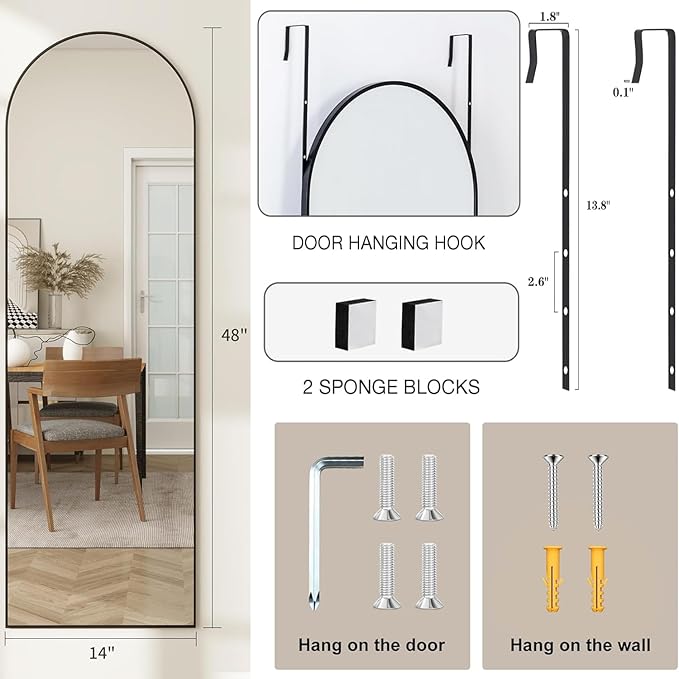 Arched Full Length Door Mirror 14x48, Metal Frame