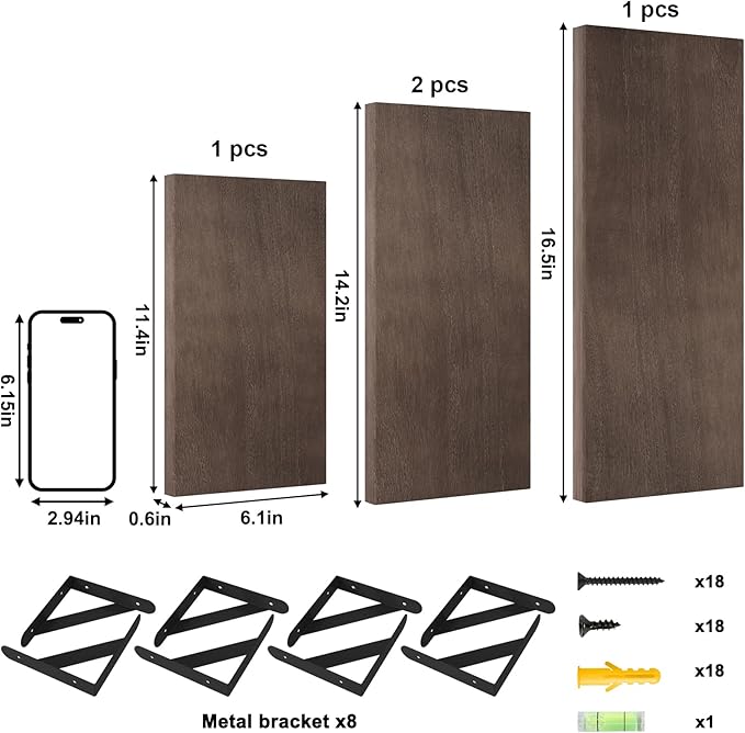 YGEOMER Floating Shelves for Wall, Different Sizes Walnut Wall Shelves for