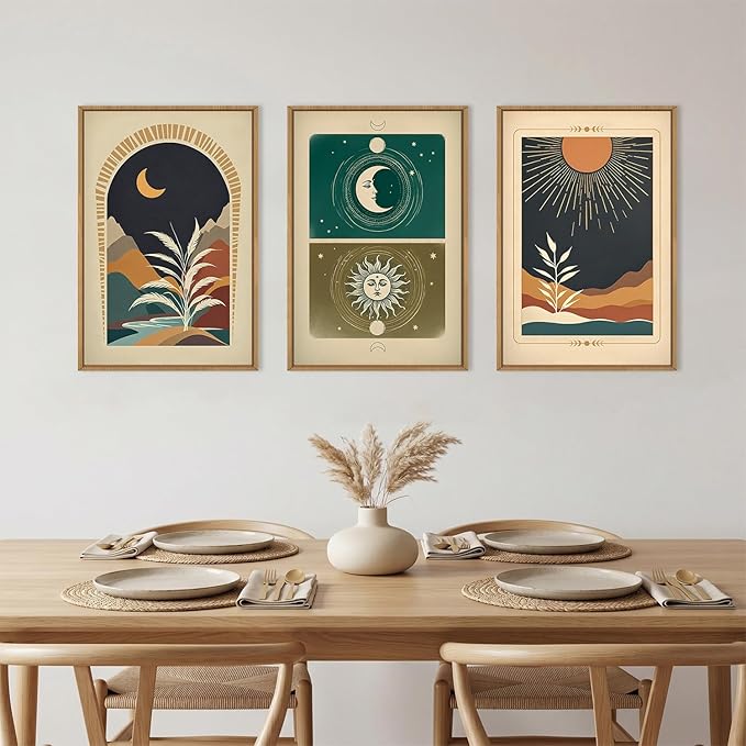 KAIRNE Moody Sun and Moon Framed Canvas Wall Art Set,Boho Desert Botanical Wall Decor,Abstract Vintage Black Art Prints,Retro Southwestern Artwork for Living Room,Bedroom,Farmhouse,Office-16 x24 x3