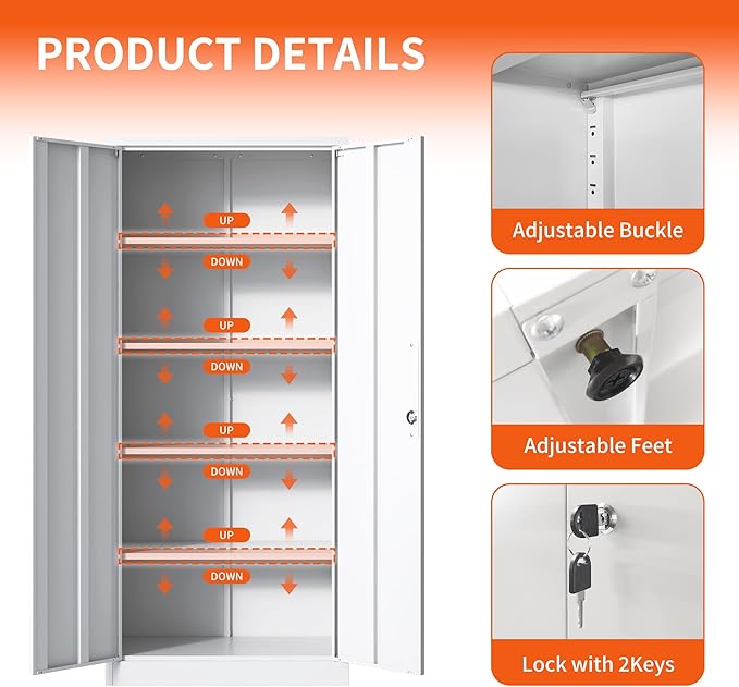 Metal Storage Cabinet with Adjustable Shelves, Garage Tool Cabinet with 2