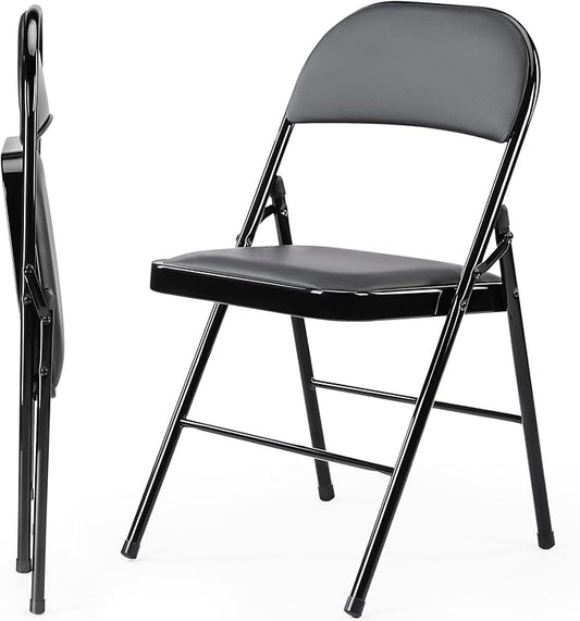 Sweetcrispy Folding Chair 2 Pack, Leather Padded Foldable Chairs, Sturdy Metal Portable Chairs, Easy to Use and Store, Outdoor and Indoor, for Home, Office, Party, Garden, Black