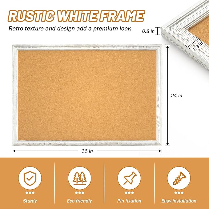 White Cork Board for Wall, 36 x 24 inches Decorative Bulletin Board, Rustic