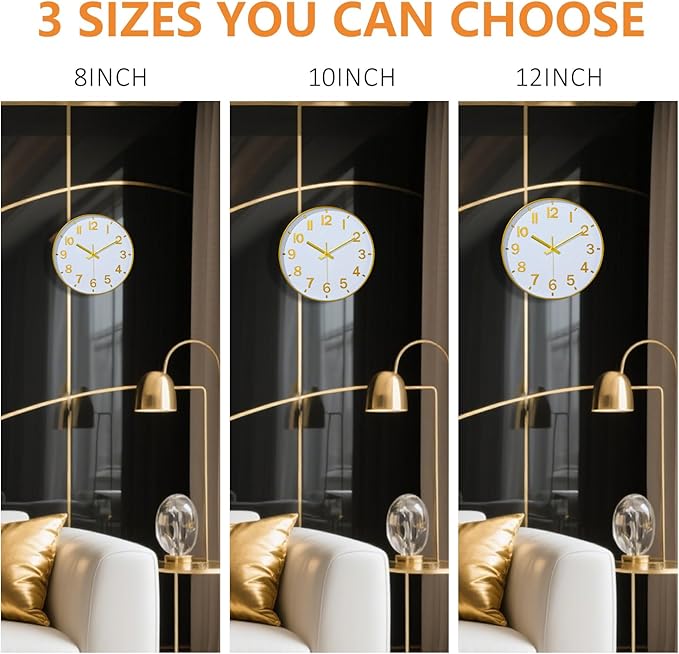 Gold Wall Clocks Battery Operated, 12 Inch Non Ticking Digital Wall Clock