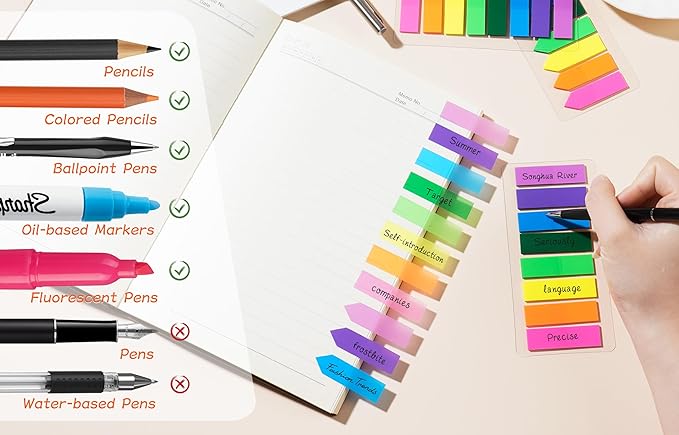 (2000 Pcs) Page Markers Bright Sticky Tabs, Translucent Small Sticky Notes Flags and Arrow Flags, Fluorescent Index Tab Stickers for Notebooks [8 Colors, 10 Sets]