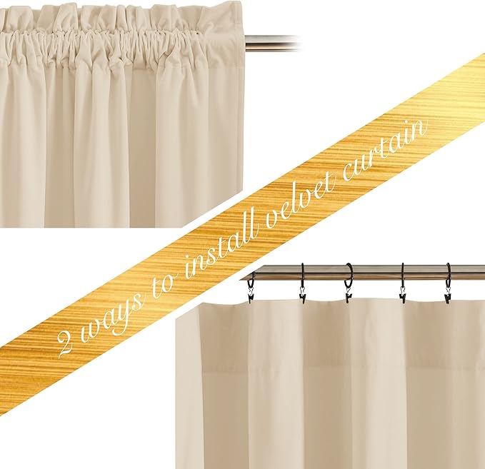NICETOWN Beige Velvet Curtains 63 inches 2 Panels Set, Thermal Insulated Heavy
